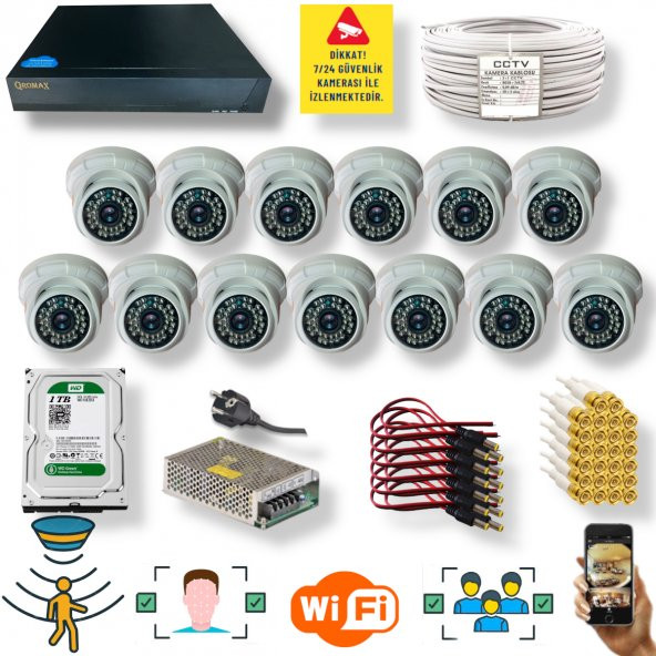 13 Kameralı Set- İnsan Yüz Hareket Algılayan 5MP Lens 36 IRLED 1080P İç Mekan Güvenlik Kamerası Seti D136B