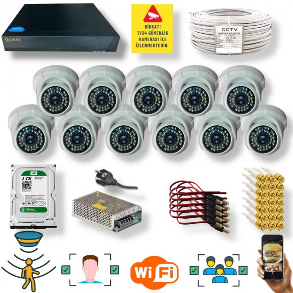 11 Kameralı Set- İnsan Yüz Hareket Algılayan 5MP Lens 36 IRLED 1080P İç Mekan Güvenlik Kamerası Seti D136B - 1