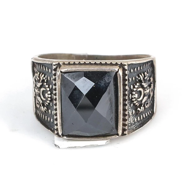 925 Ayar Gümüş Dikdörtgen Onyx Taşlı Osmanlı Arması İşlemeli Erkek Yüzük - Resim 4