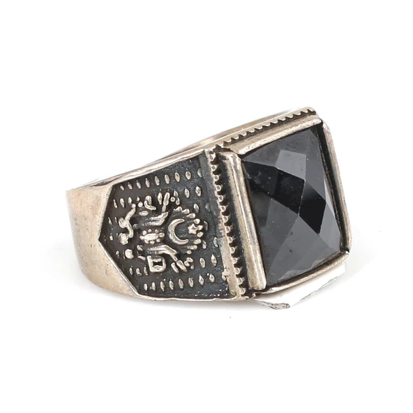 925 Ayar Gümüş Dikdörtgen Onyx Taşlı Osmanlı Arması İşlemeli Erkek Yüzük - Resim 2
