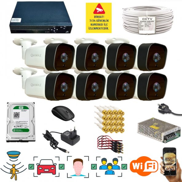 8 KAMERALI 1080P İNSAN YÜZ VE HAREKET ALGILAYAN METAL KASA 36 IR LED GÜVENLİK KAMERASI SETİ 5236