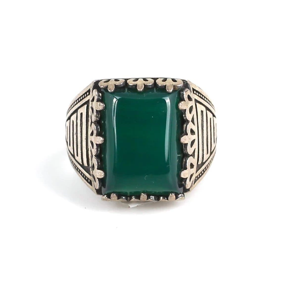 925 Ayar Gümüş Yeşil Kaplan Gözü Taşlı Erkek Yüzük - Resim 2