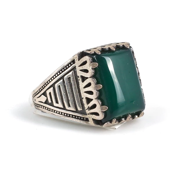 925 Ayar Gümüş Yeşil Kaplan Gözü Taşlı Erkek Yüzük - Resim 4
