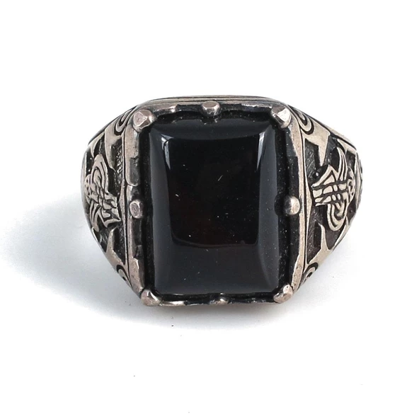 925 Ayar Gümüş Dikdörtgen Oniks Taşlı Tuğralı İşlemeli Erkek Yüzük - Resim 4