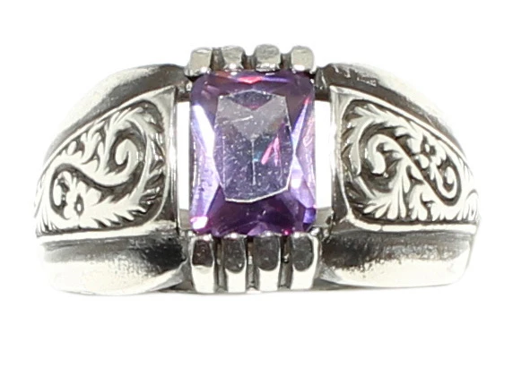 925 Ayar Gümüş Zümrüt Kesim Ametist Taşlı Desenli Erkek Yüzük - Resim 6