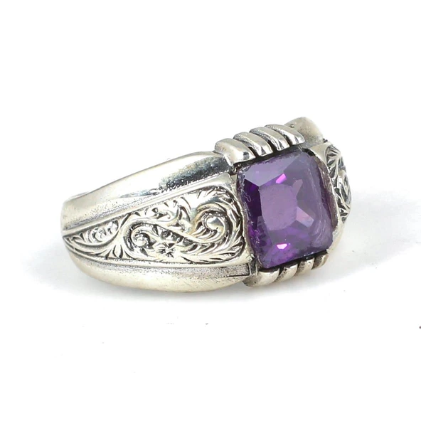 925 Ayar Gümüş Zümrüt Kesim Ametist Taşlı Desenli Erkek Yüzük - Resim 3