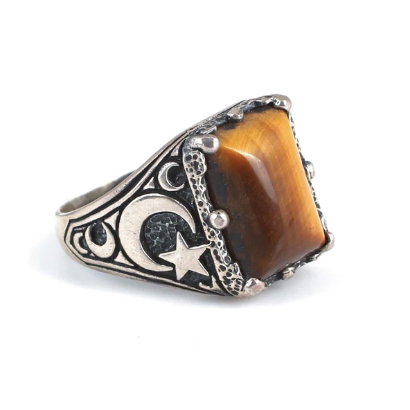 925 Ayar Gümüş Kaplangözü Taşlı Ay Yıldız Desenli Erkek Yüzük - Resim 4