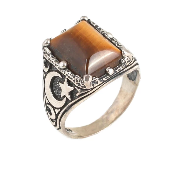 925 Ayar Gümüş Kaplangözü Taşlı Ay Yıldız Desenli Erkek Yüzük ürün görseli