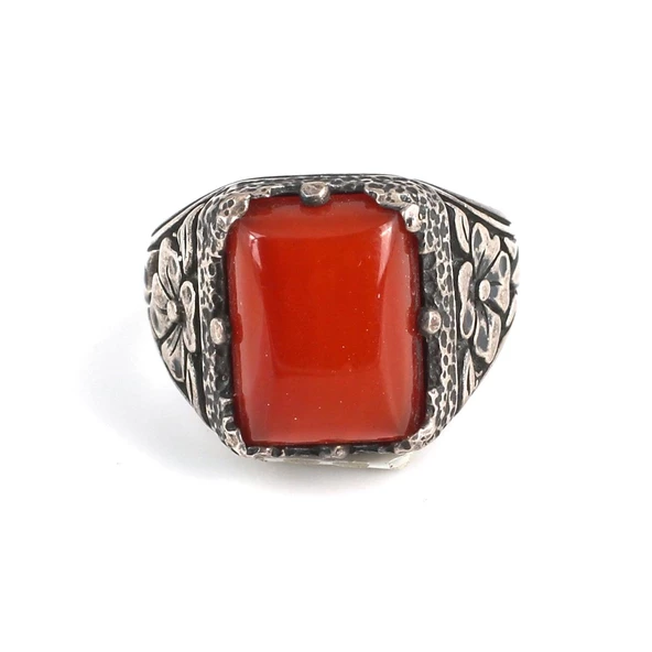 925 Ayar Gümüş Akik Taşlı Çiçek Desenli Erkek Yüzük - Resim 2