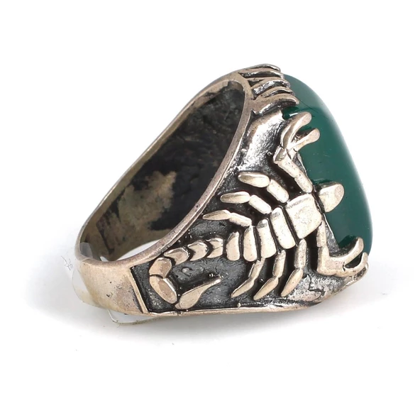 925 Ayar Gümüş Dikdörtgen Yeşil Akik Taşlı Akrep Erkek Yüzük - Resim 3