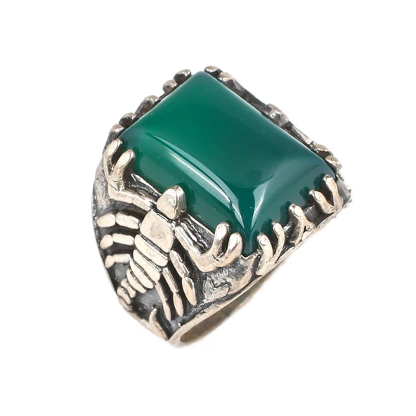 925 Ayar Gümüş Dikdörtgen Yeşil Akik Taşlı Akrep Erkek Yüzük - Resim 5