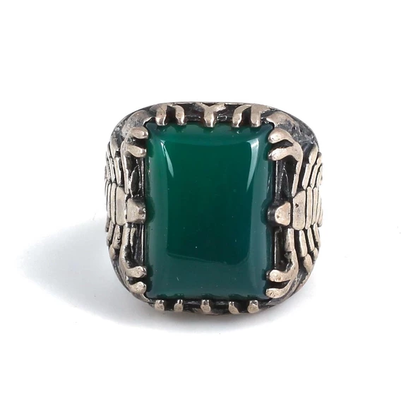 925 Ayar Gümüş Dikdörtgen Yeşil Akik Taşlı Akrep Erkek Yüzük - Resim 4
