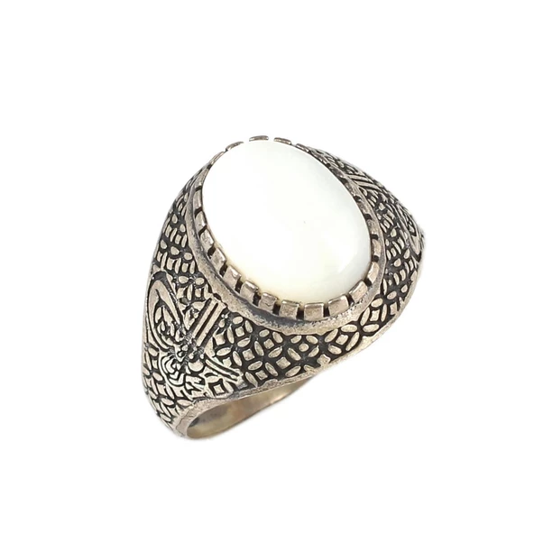 925 Ayar Gümüş Oval Sedef Taşlı Tuğralı Erkek Yüzük ürün görseli 1