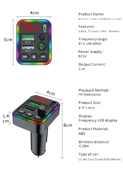 Concord C617 Rgb Işıklı PD 18 + QC 3.1A Şarj Bluetooth 5.1V Fm Transmitter - 7