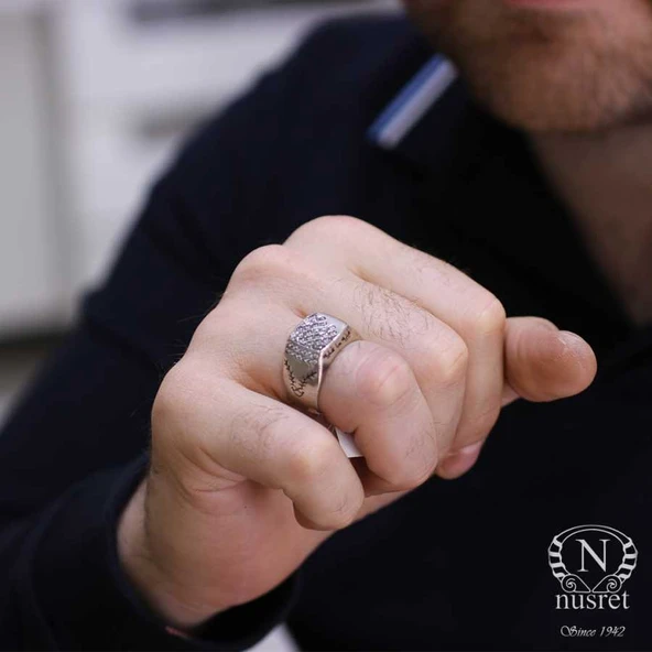 925 Ayar Gümüş Kare Fihi Ma Fih Model Erkek Yüzük - Resim 9