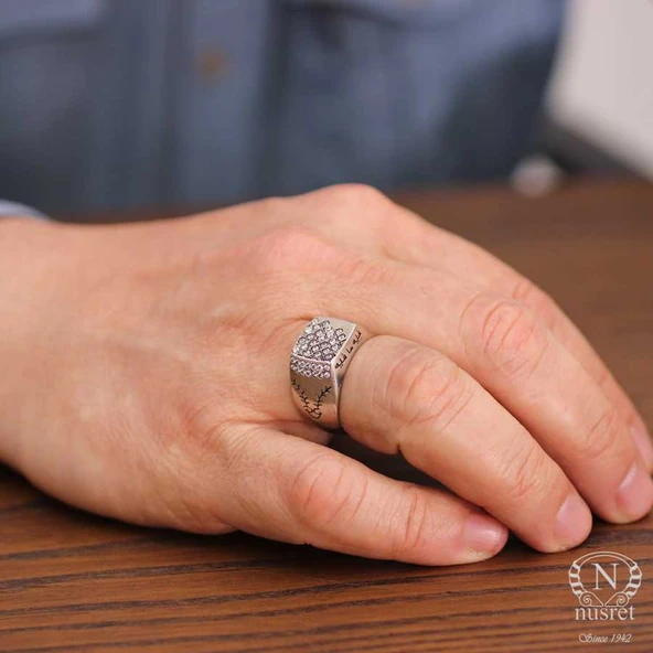 925 Ayar Gümüş Kare Fihi Ma Fih Model Erkek Yüzük ürün görseli