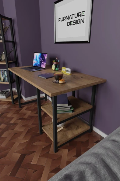 Çalışma Masası 2 Raflı Metal Ahşap 60x120 Ofis Bilgisayar Masası Atlantik Çam - 3