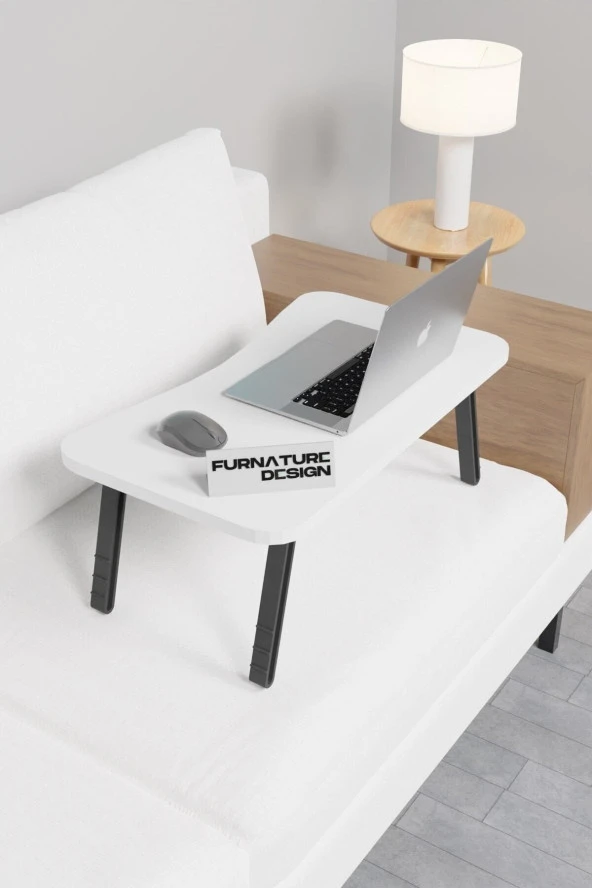 FurnatureDesign Katlanır Laptop Masası Sehpası Çalışma Yatak Kahvaltı Masası 60x35 cm Beyaz