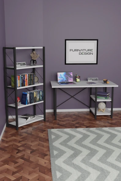 Furnature Design Metal Kitaplık 5 Raflı + 60x120 Çalışma Masası 2 Raflı Beyaz - 3