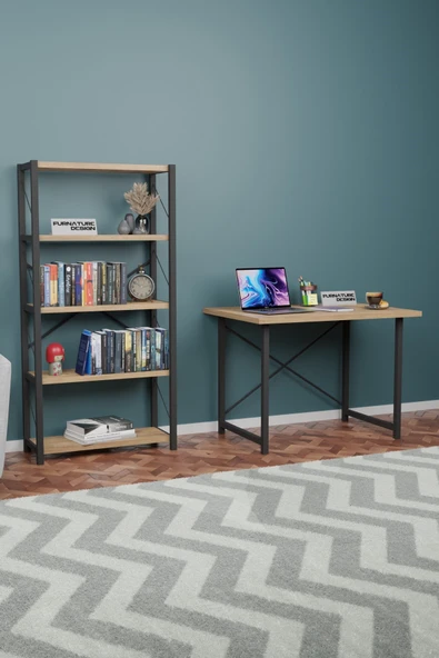 Metal Kitaplık 5 Raflı + 60x90 cm Çalışma Masası Atlantik Çam - 3