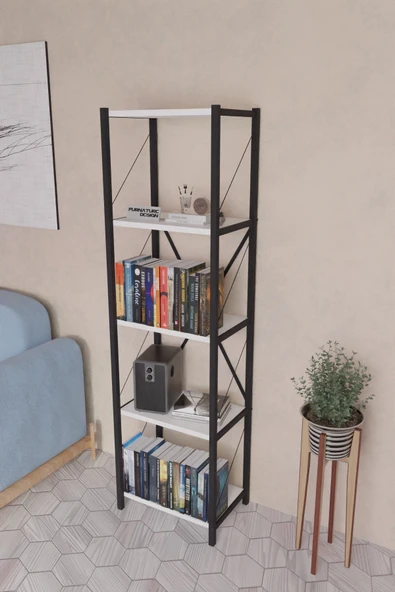 Metal Kitaplık 5 Raflı Dekoratif Kitaplık Beyaz