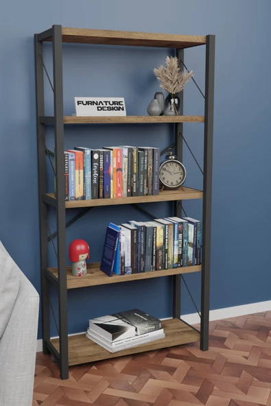 Metal Kitaplık 5 Raflı Dekoratif Kitaplık Atlantik Çam - 3