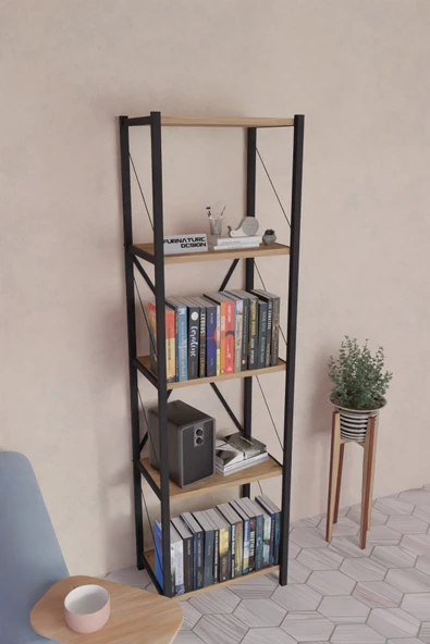 Metal Kitaplık 5 Raflı Dekoratif Kitaplık Atlantik Çam - 3