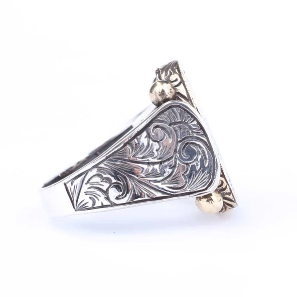 925 Ayar Gümüş ve Bronz Oval Mavi Mineli Elif Vav Harfli Erkek Yüzük - Resim 4