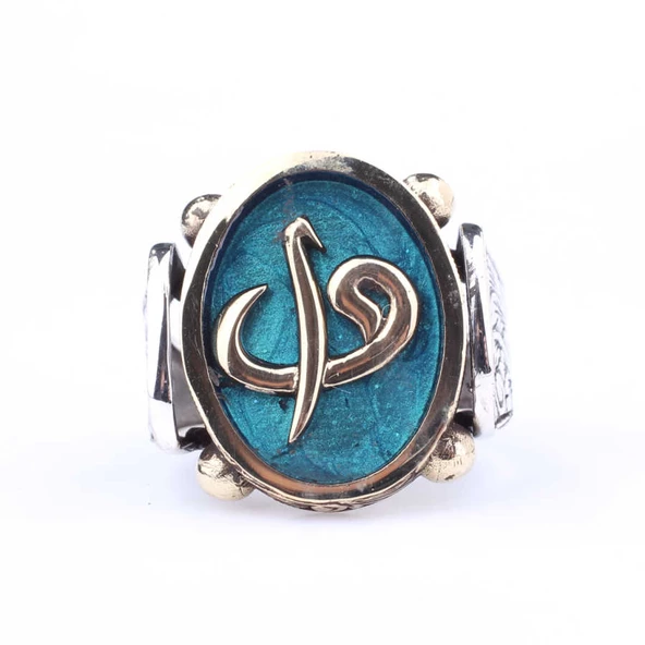 925 Ayar Gümüş ve Bronz Oval Mavi Mineli Elif Vav Harfli Erkek Yüzük - Resim 3