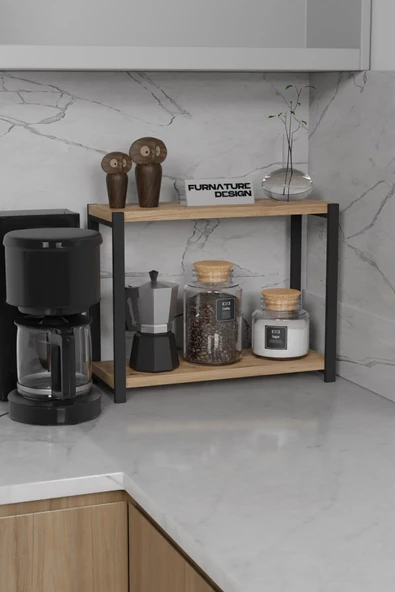 FurnatureDesign Metal Mutfak Tezgah Üstü Organizer 2 Yüksek Raflı Banyo Mutfak Düzenleyici Atlantik Çam