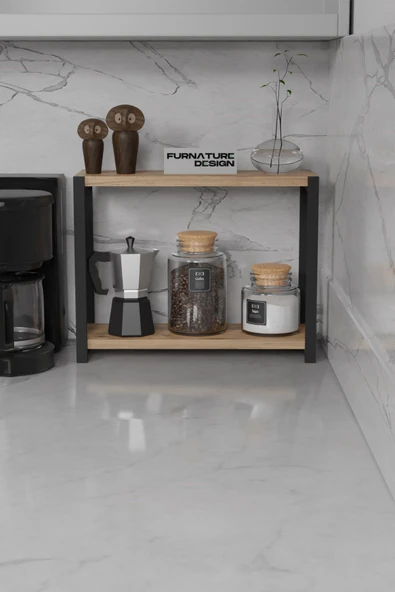 FurnatureDesign Metal Mutfak Tezgah Üstü Organizer 2 Yüksek Raflı Banyo Mutfak Düzenleyici Atlantik Çam - 2