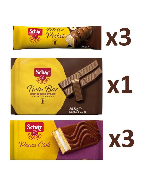 Schar Glutensiz Çikolata Seti 7 Parça Melto, Pausa Ciok ve Twin Bar