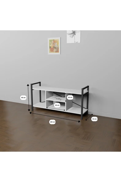 Tv Ünitesi Raflı Metal Ayaklı Tv Sehpası Beyaz - 5