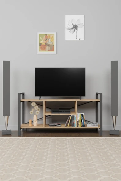 Tv Ünitesi Raflı Metal Ayaklı Tv Sehpası Atlantik Çam - 1
