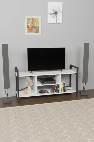 Tv Ünitesi Raflı Metal Ayaklı Tv Sehpası Beyaz - 3