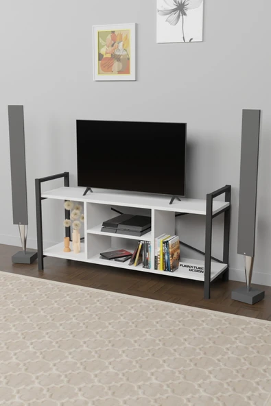 Tv Ünitesi Raflı Metal Ayaklı Tv Sehpası Beyaz - 2