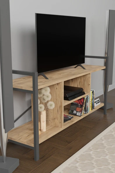Tv Ünitesi Raflı Metal Ayaklı Tv Sehpası Atlantik Çam - 4