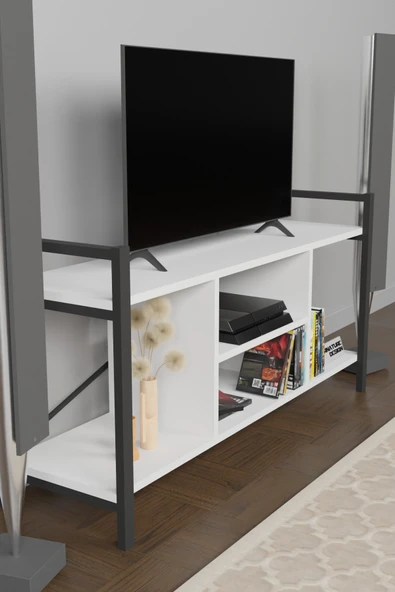 Tv Ünitesi Raflı Metal Ayaklı Tv Sehpası Beyaz - 4