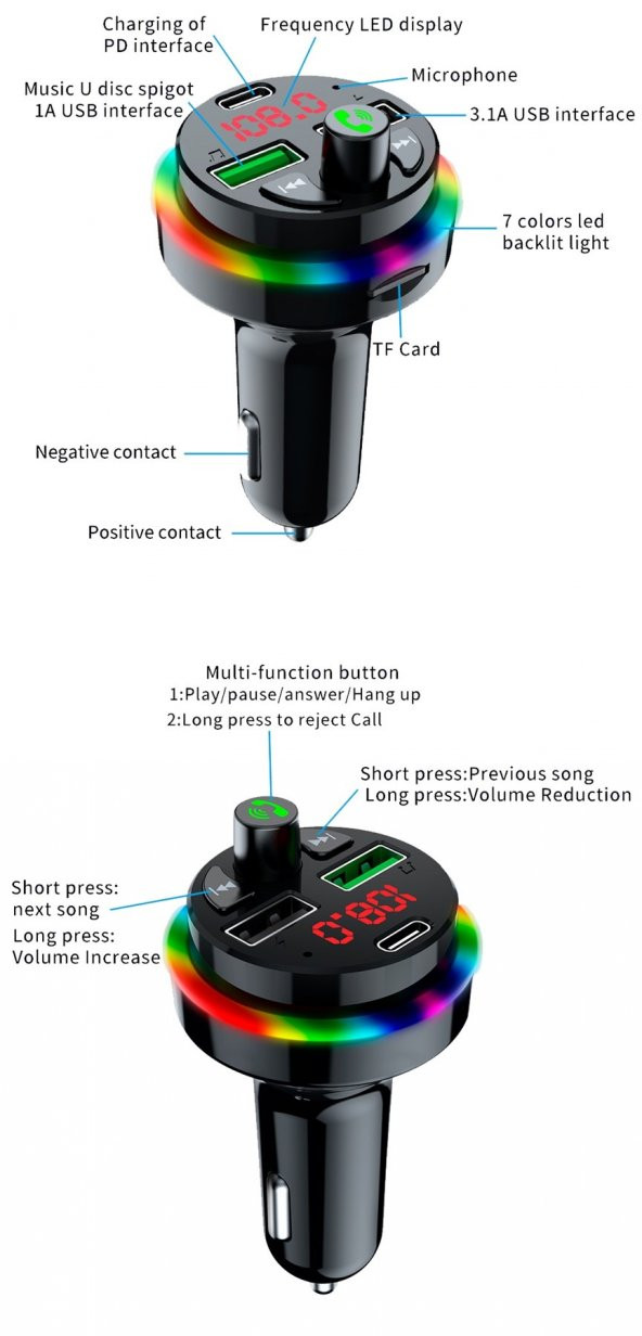 Sprange STF1 Rgb Işıklı PD 25W + QC 3.1A Şarj Bluetooth 5.1V Fm Transmitter - 6