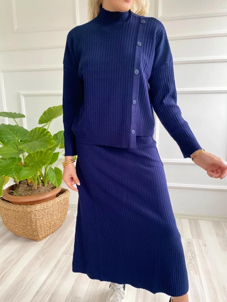 Kadın Fitilli Düğme Detaylı Triko Takım Lacivert - 2