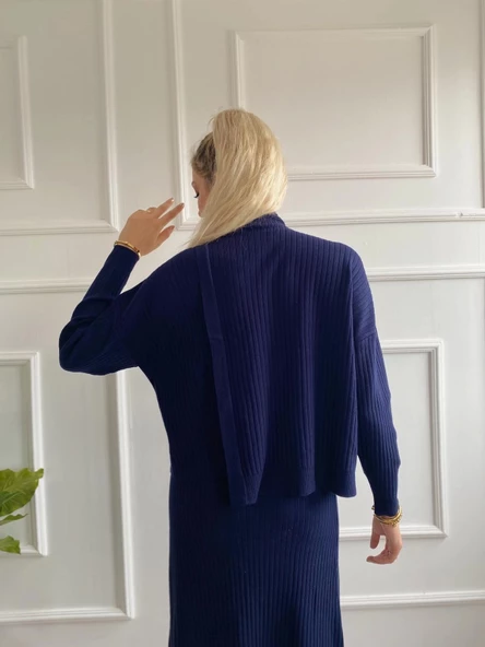 Kadın Fitilli Düğme Detaylı Triko Takım Lacivert - 7