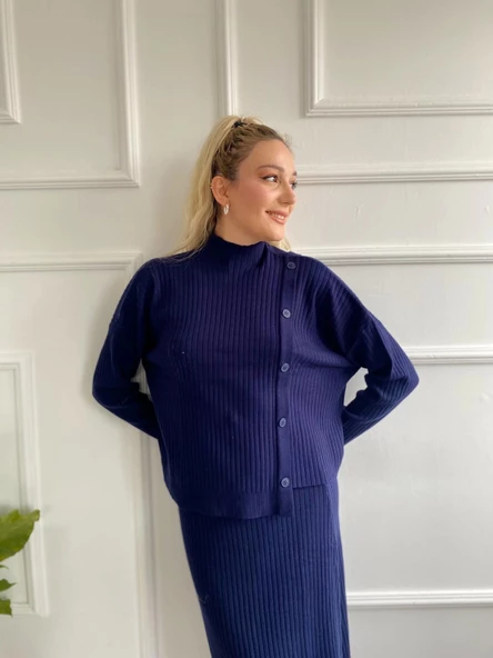 Kadın Fitilli Düğme Detaylı Triko Takım Lacivert - 4