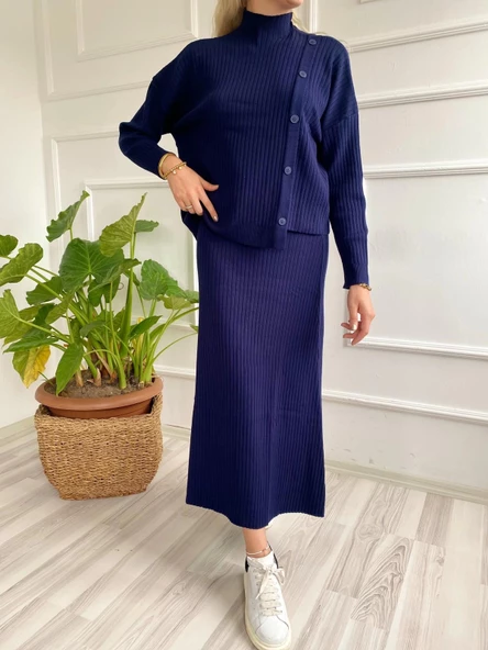 Kadın Fitilli Düğme Detaylı Triko Takım Lacivert - 3