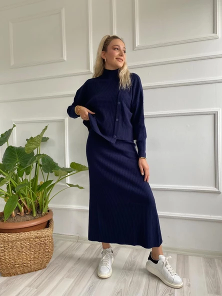 Kadın Fitilli Düğme Detaylı Triko Takım Lacivert - 6