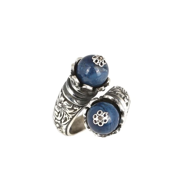 925 Ayar Gümüş Lapis Taşlı Çapraz Yüzük - Resim 5