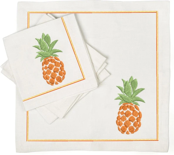 İthal Keten Ananas Nakışlı 4'lü Kumaş Peçete ve runner - 3