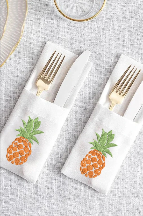 İthal Keten Ananas Nakışlı 4'lü Kumaş Peçete ve runner - 4