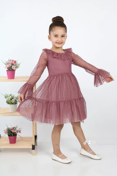 ÇocukYoluKids Puantiyeli Tüllü Bordo Kız Çocuk Elbise A1111141111017 - 2