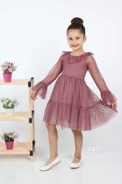 ÇocukYoluKids Puantiyeli Tüllü Bordo Kız Çocuk Elbise A1111141111017 - 4
