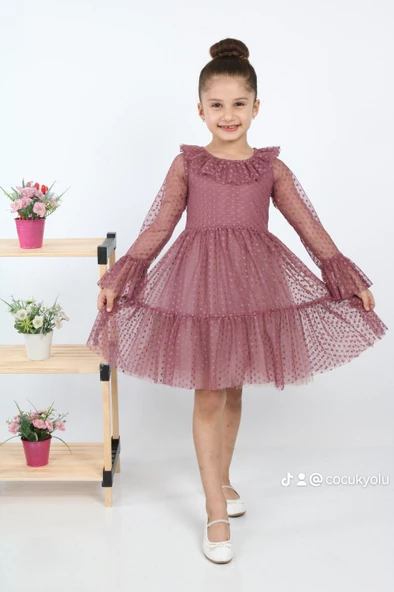 ÇocukYoluKids Puantiyeli Tüllü Bordo Kız Çocuk Elbise A1111141111017 - 3